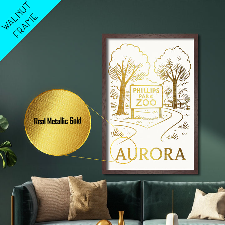Aurora Illinois art, Metallic Gold Print, Housewarming Gift, Metal Art, Wood Framed Art, Newlywed Travel Gift, Honeymoon Gift