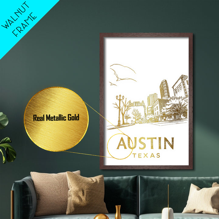 Austin Texas travel, Metallic Gold Art, Closing Gift, Metal Art, Wood Framed Art, Anniversary Travel Gift, Retirement Travel Gift
