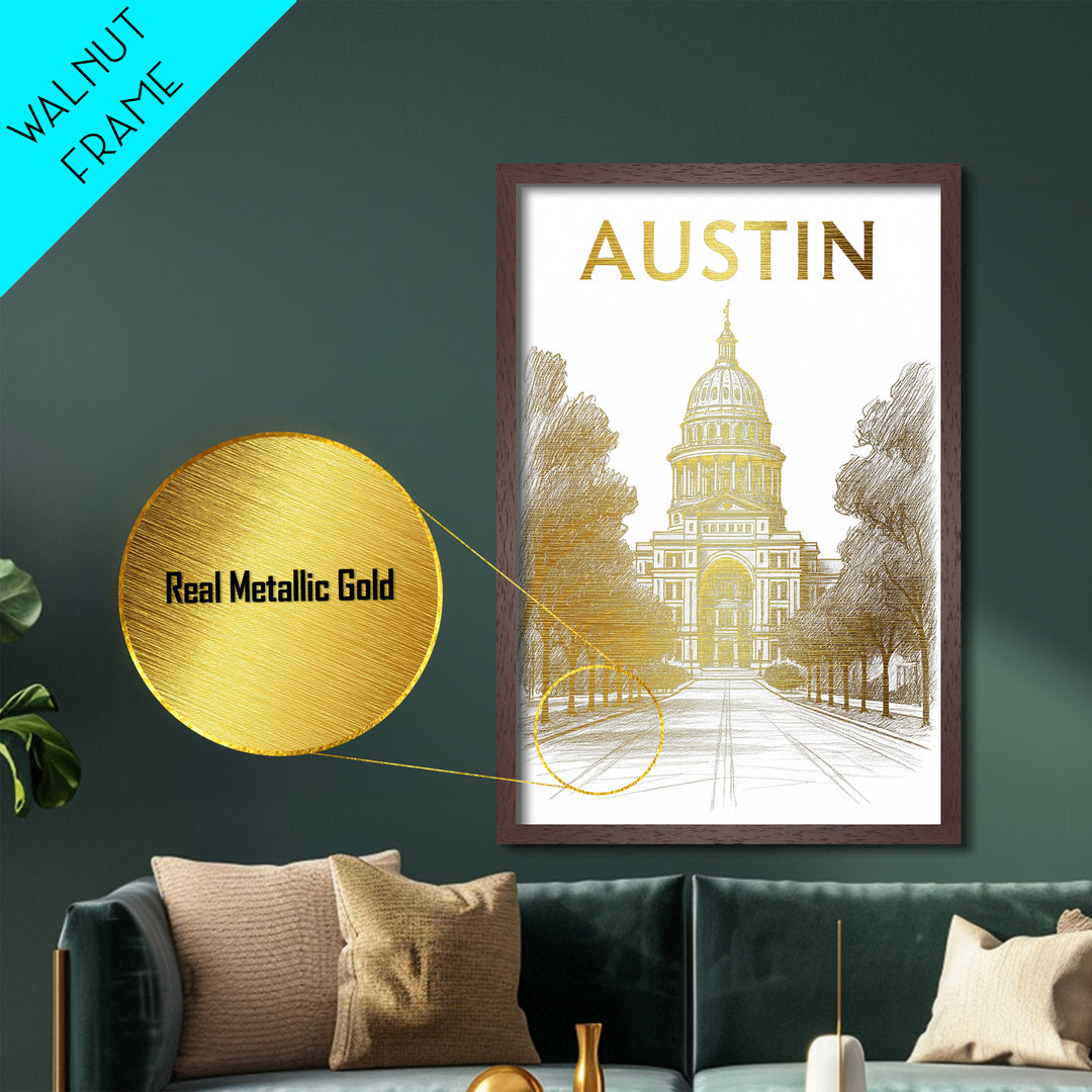 Austin Texas art, Metallic Gold Print, Office Decor, Metal Art, Wood Framed Art, Graduation Travel Gift, Destination Gift