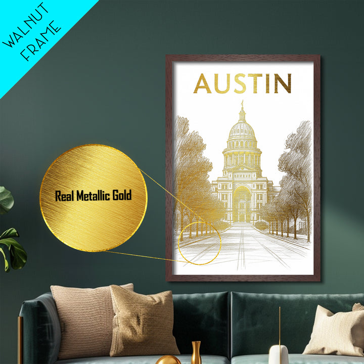 Austin Texas art, Metallic Gold Print, Office Decor, Metal Art, Wood Framed Art, Graduation Travel Gift, Destination Gift
