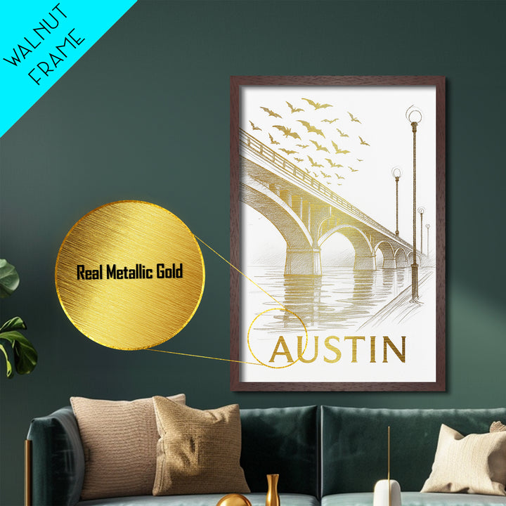 Austin Texas travel, Metallic Gold Art, Modern House Art, Metal Art, Wood Framed Art, Wanderlust Gift, Travel Art Prints