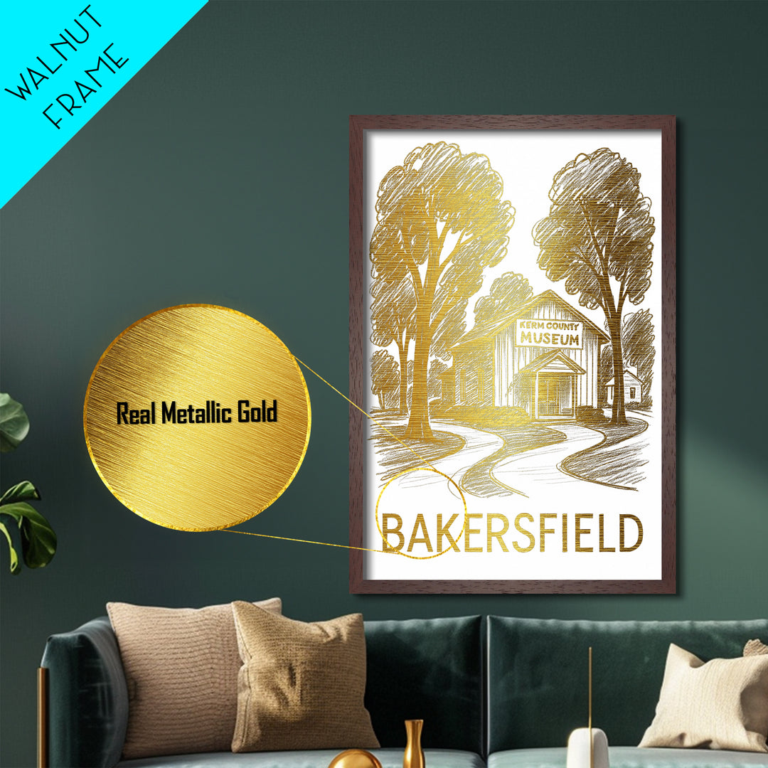 Bakersfield California art, Metallic Gold Art, Modern House Art, Metal Art, Wood Framed Art, Birthday Travel Gift, Destination Gift