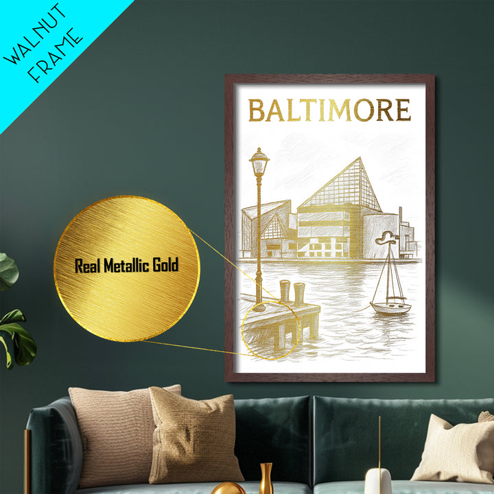 Baltimore Maryland travel, Metallic Gold Print, Modern House Art, Metal Art, Wood Framed Art, Traveler Gift, Destination Gift