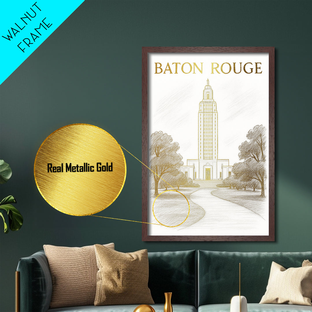 Baton Rouge Louisiana travel, Metallic Gold Print, College Dorm Décor, Metal Art, Wood Framed Art, Graduation Travel Gift, Travel Gift