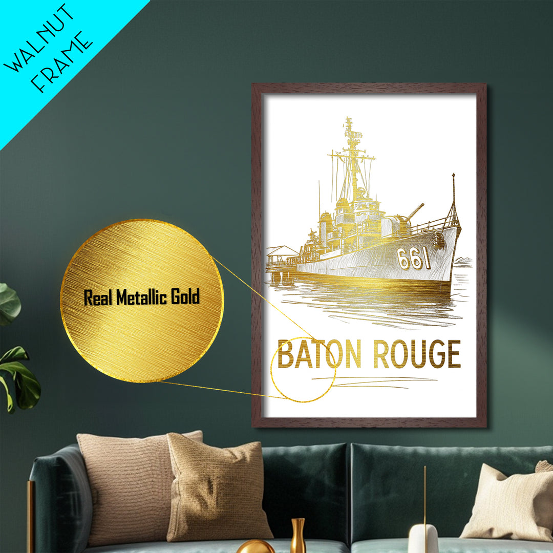 Baton Rouge Louisiana art, Metallic Gold Art, Housewarming Gift, Metal Art, Wood Framed Art, Newlywed Travel Gift, Honeymoon Gift