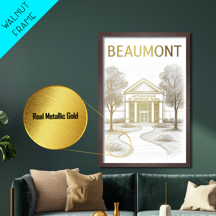 Beaumont Texas travel, Metallic Gold Print, Closing Gift, Metal Art, Wood Framed Art, Anniversary Travel Gift, Retirement Travel Gift