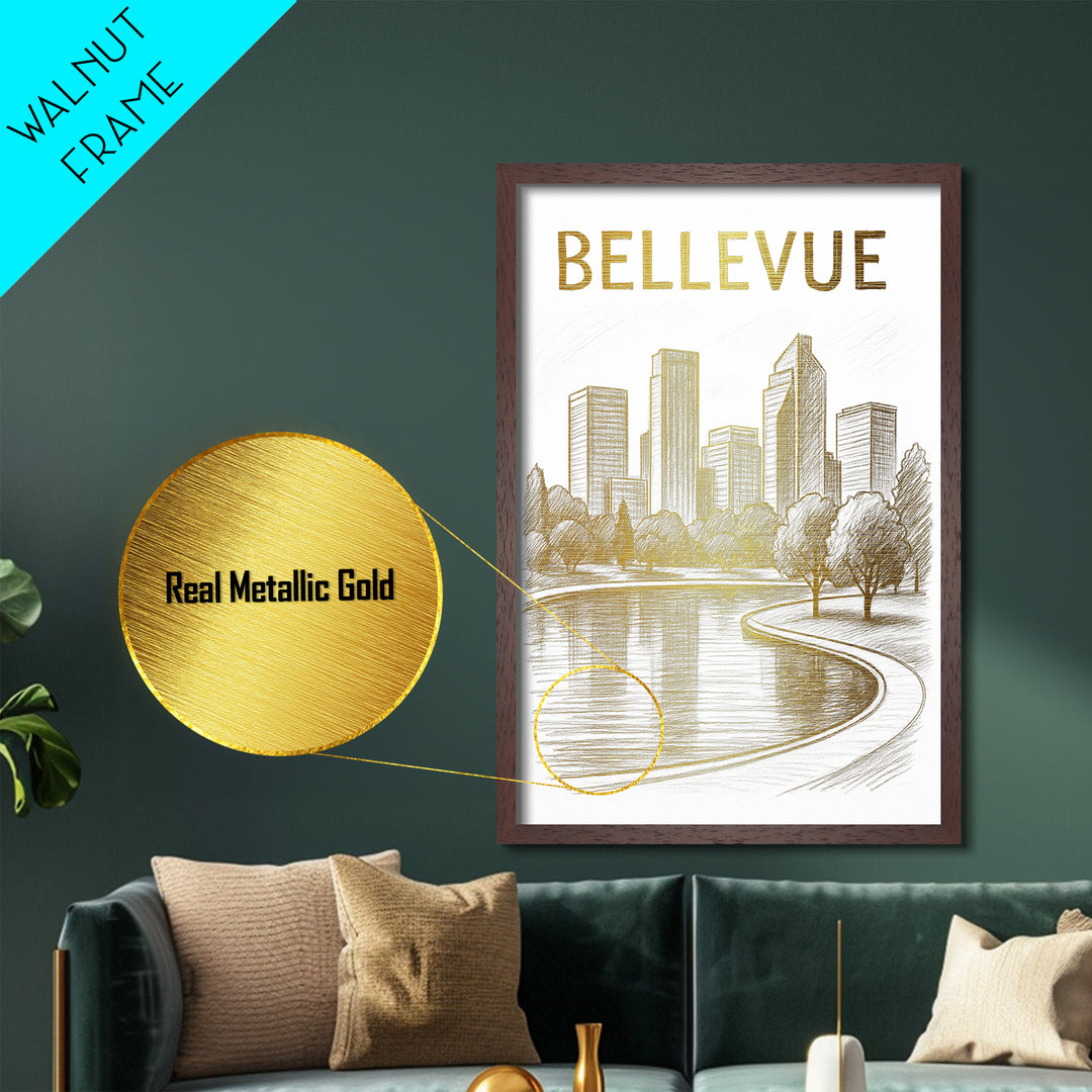 Bellevue Washington travel, Metallic Gold Print, Modern House Art, Metal Art, Wood Framed Art, Wanderlust Gift, Travel Art Prints