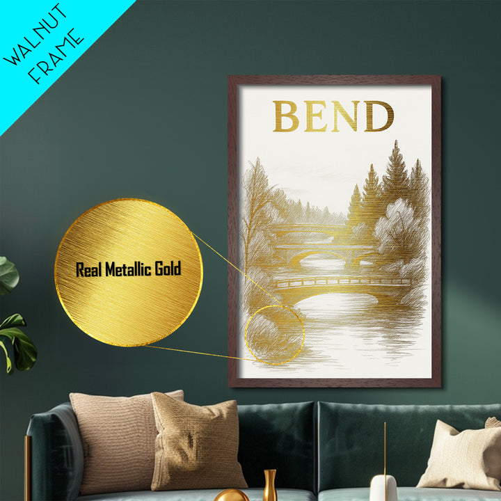 Bend Oregon travel, Metallic Gold Print, Modern House Art, Metal Art, Wood Framed Art, Traveler Gift, Destination Gift