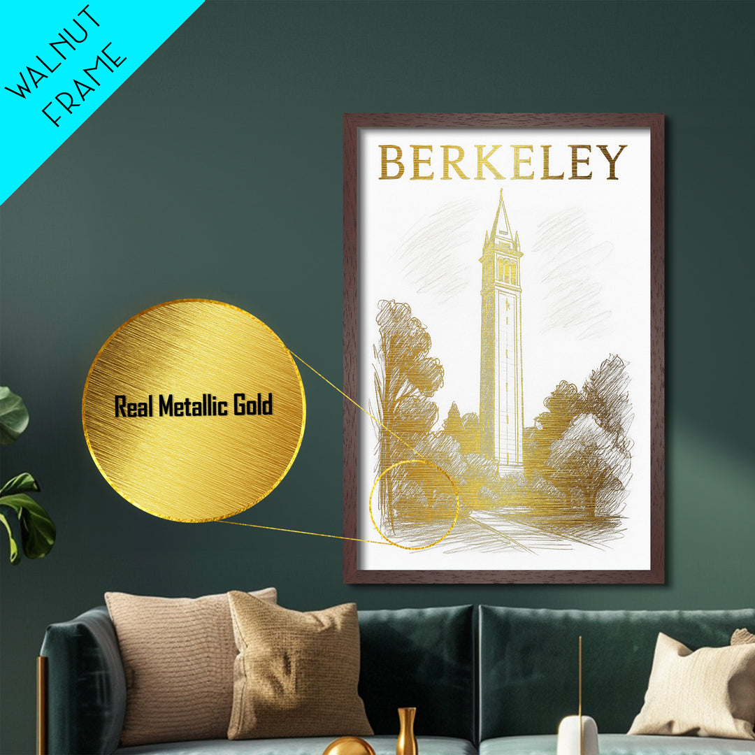 Berkeley California travel, Metallic Gold Print, College Dorm Décor, Metal Art, Wood Framed Art, Graduation Travel Gift, Traveler Gift