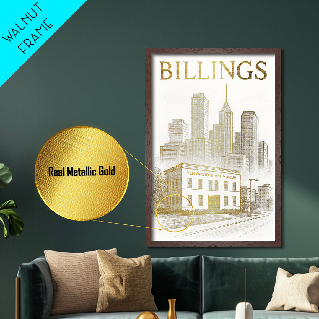 Billings Montana travel, Metallic Gold Print, Modern Skyline Wall Print, Metal Art, Wood Framed Art, Adventure Lover Gift, Travel Gift