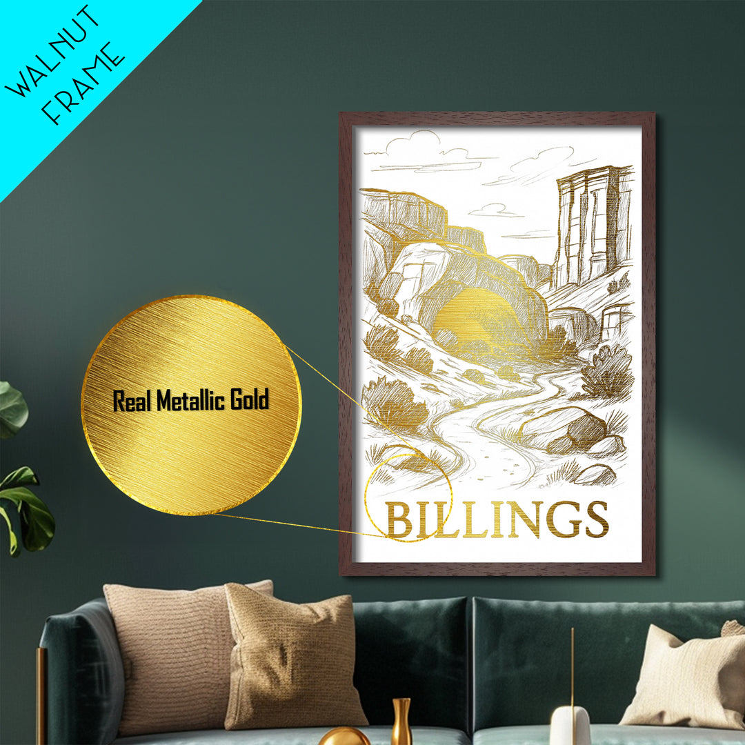 Billings Montana art, Metallic Gold Art, Housewarming Gift, Metal Art, Wood Framed Art, Newlywed Travel Gift, Honeymoon Gift