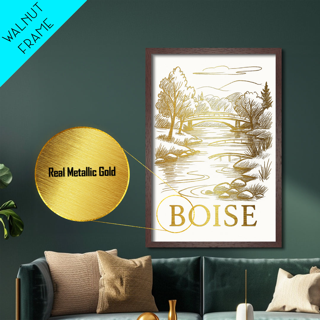 Boise Idaho art, Metallic Gold Art, Travel Art Prints, Metal Art, Wood Framed Art, Adventure Lover Gift, Traveler Gift