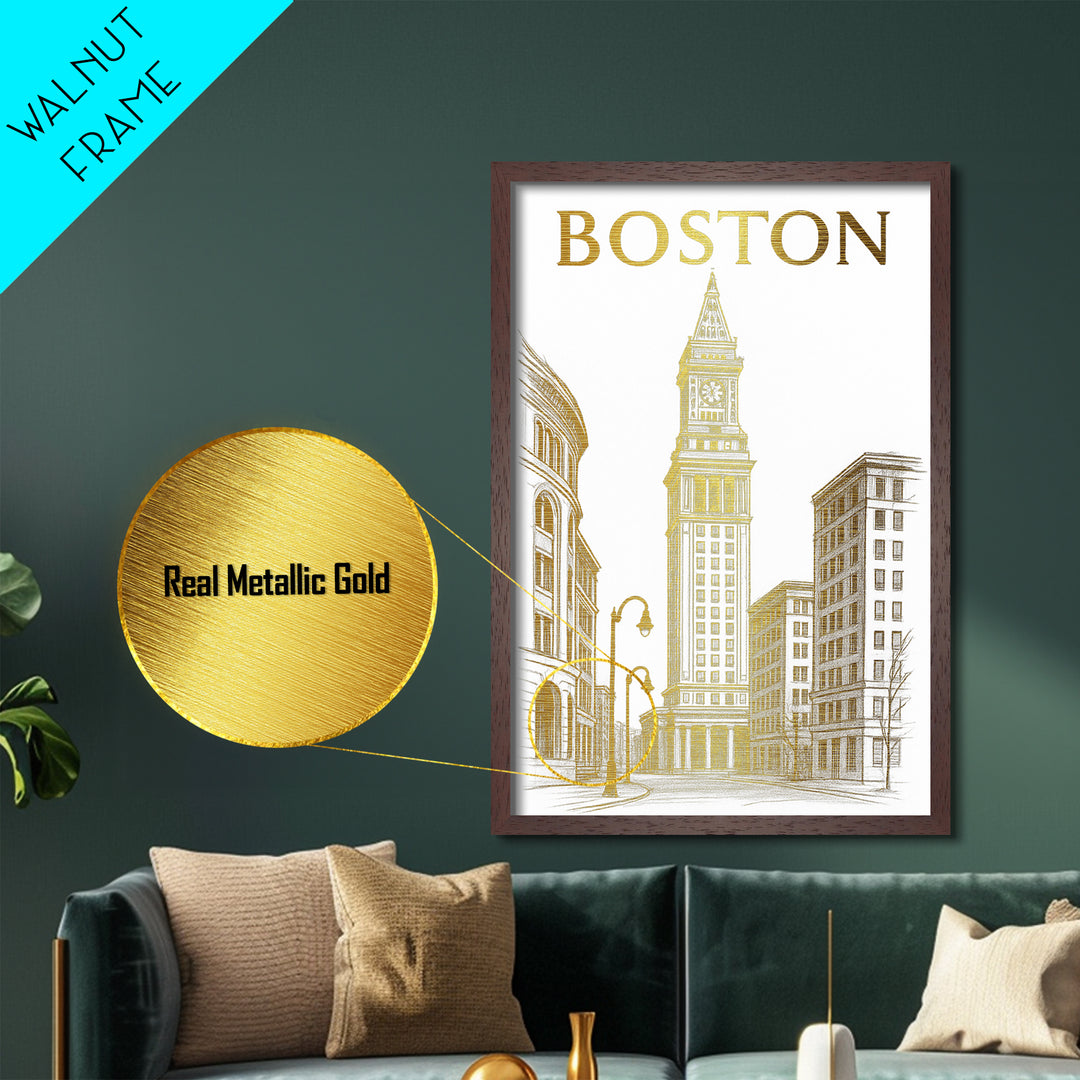 Boston Massachusetts travel, Metallic Gold Print, Modern House Art, Metal Art, Wood Framed Art, Traveler Gift, Destination Gift