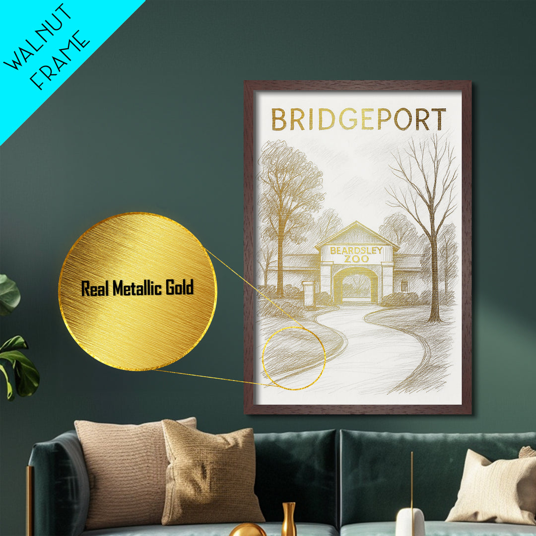 Bridgeport Connecticut travel, Metallic Gold Print, Modern Skyline Wall Print, Metal Art, Wood Framed Art, Adventure Lover Gift, Travel Gift