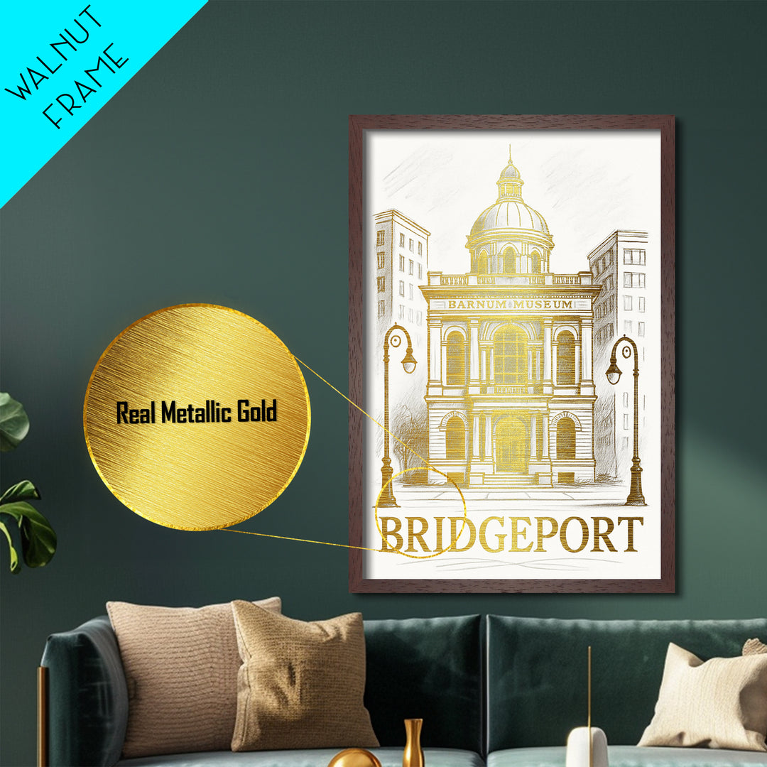 Bridgeport Connecticut art, Metallic Gold Art, Housewarming Gift, Metal Art, Wood Framed Art, Newlywed Travel Gift, Honeymoon Gift