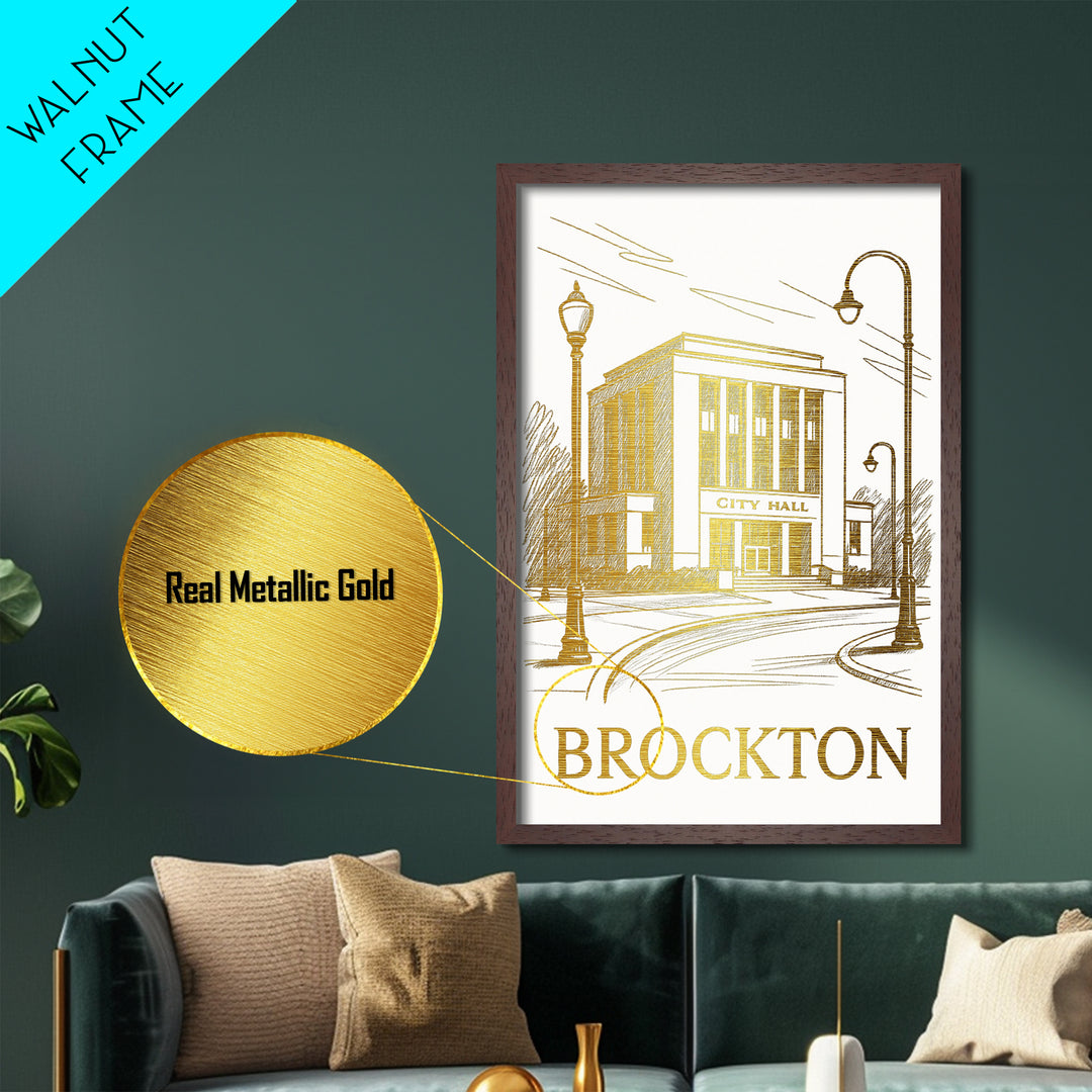 Brockton Massachusetts art, Metallic Gold Art, Office Decor, Metal Art, Wood Framed Art, Graduation Travel Gift, Destination Gift