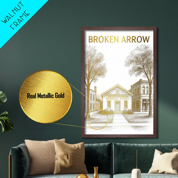 Broken Arrow Oklahoma travel, Metallic Gold Print, Modern House Art, Metal Art, Wood Framed Art, Wanderlust Gift, Travel Art Prints