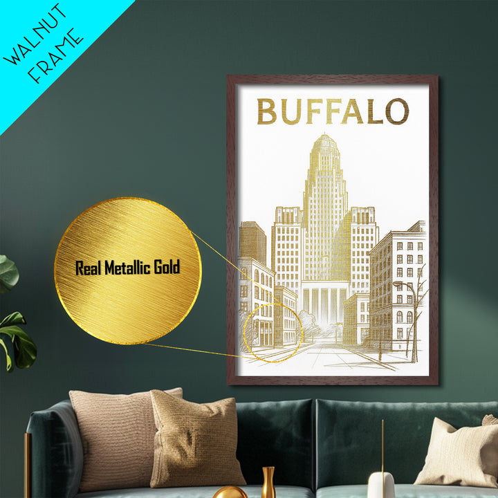 Buffalo New York travel, Metallic Gold Print, Modern Skyline Wall Print, Metal Art, Wood Framed Art, Adventure Lover Gift, Travel Gift