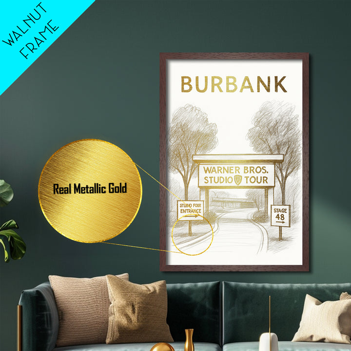 Burbank California travel, Metallic Gold Print, Closing Gift, Metal Art, Wood Framed Art, Anniversary Travel Gift, Retirement Travel Gift