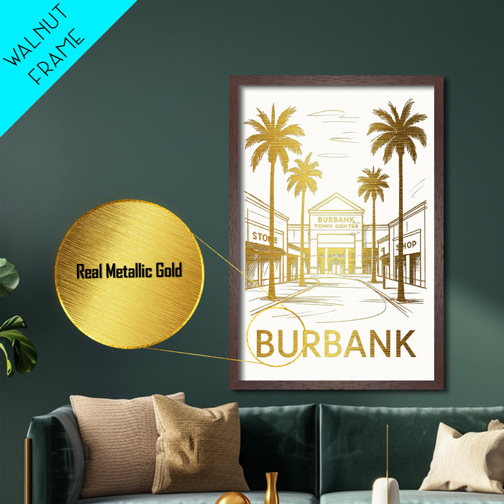Burbank California art, Metallic Gold Art, Office Decor, Metal Art, Wood Framed Art, Graduation Travel Gift, Destination Gift