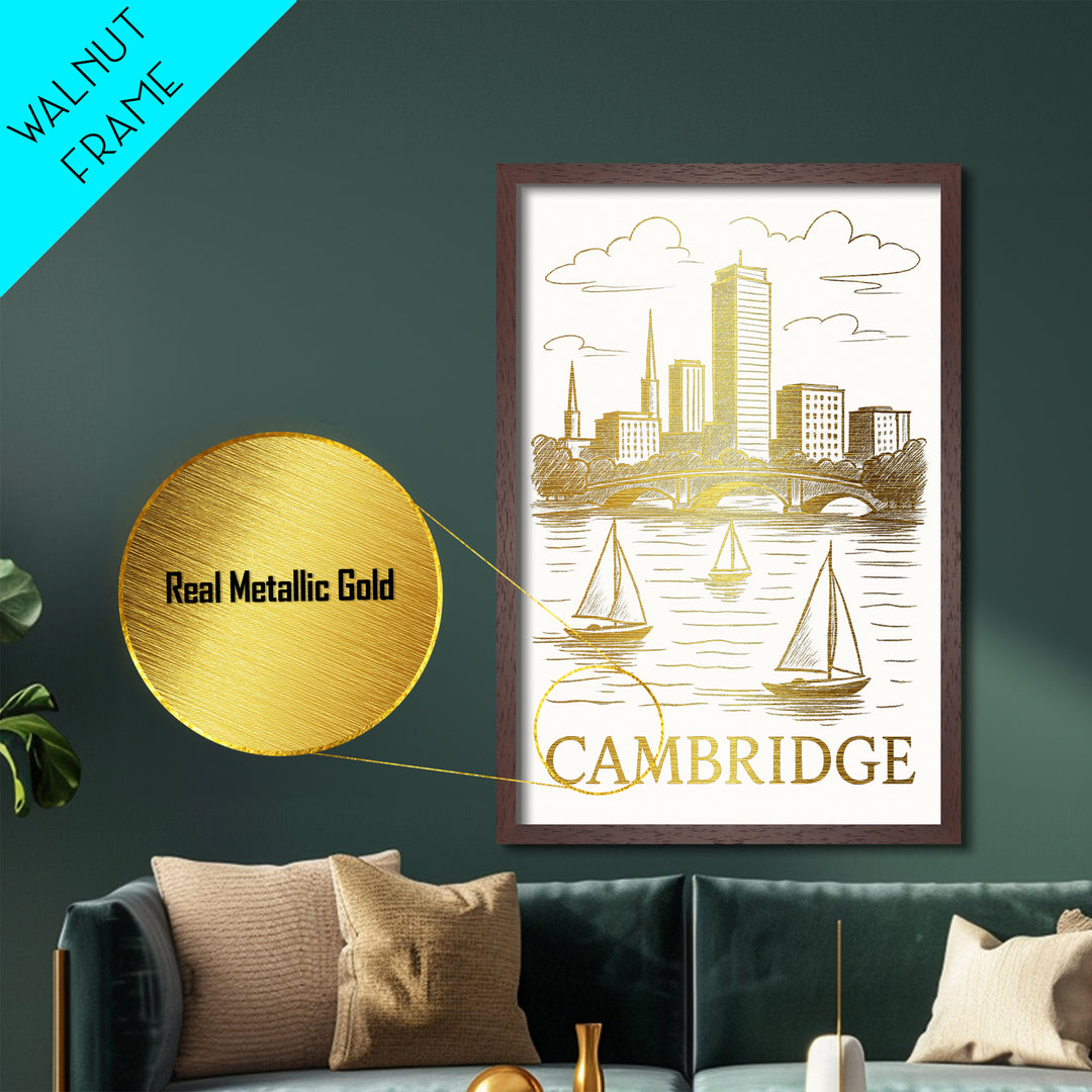 Cambridge Massachusetts art, Metallic Gold Art, Travel Art Prints, Metal Art, Wood Framed Art, Adventure Lover Gift, Traveler Gift