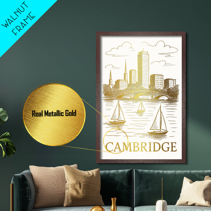 Cambridge Massachusetts art, Metallic Gold Art, Travel Art Prints, Metal Art, Wood Framed Art, Adventure Lover Gift, Traveler Gift