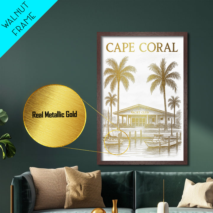 Cape Coral Florida travel, Metallic Gold Print, Modern House Art, Metal Art, Wood Framed Art, Traveler Gift, Destination Gift