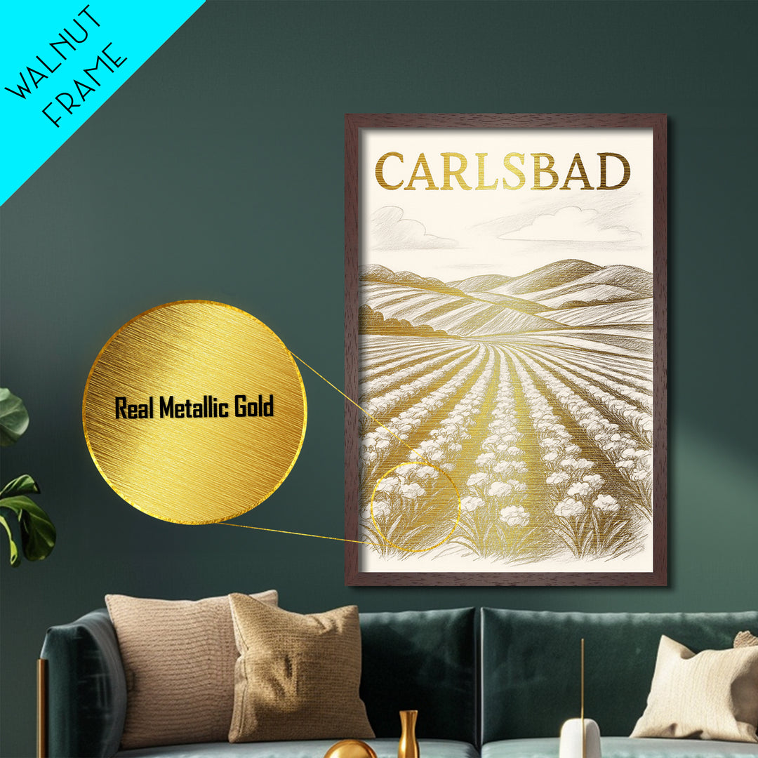 Carlsbad California travel, Metallic Gold Print, College Dorm Décor, Metal Art, Wood Framed Art, Graduation Travel Gift, Traveler Gift