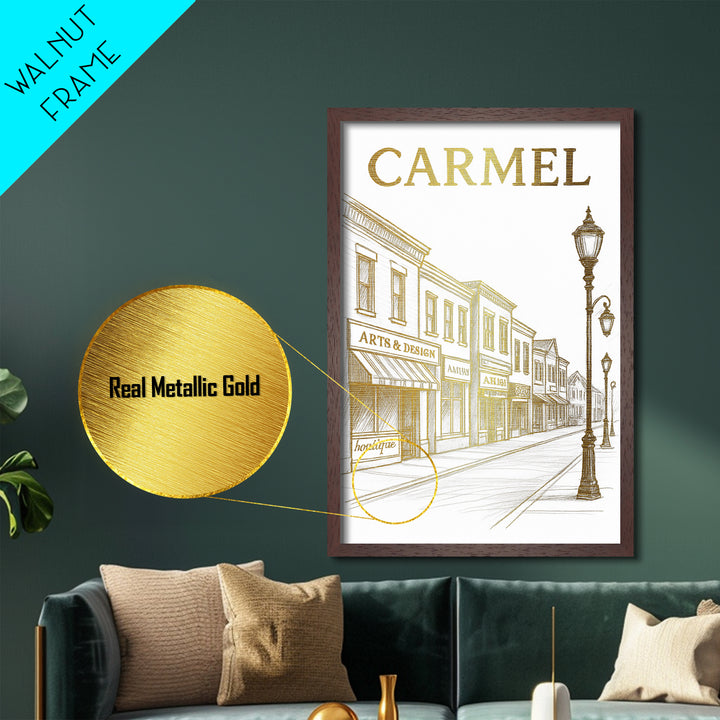 Carmel Indiana travel, Metallic Gold Print, Modern Skyline Wall Print, Metal Art, Wood Framed Art, Adventure Lover Gift, Travel Gift
