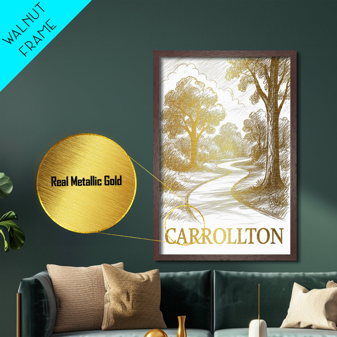 Carrollton Texas art, Metallic Gold Art, Office Decor, Metal Art, Wood Framed Art, Graduation Travel Gift, Destination Gift