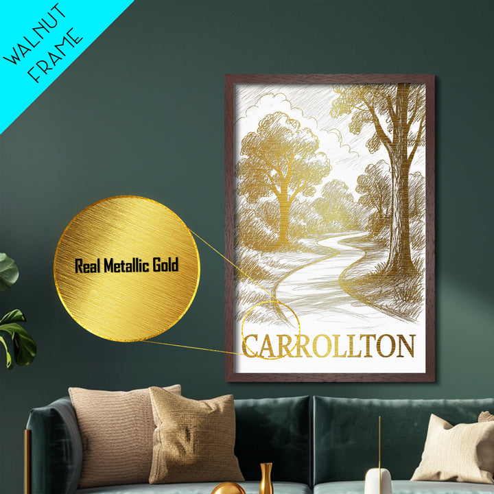 Carrollton Texas art, Metallic Gold Art, Office Decor, Metal Art, Wood Framed Art, Graduation Travel Gift, Destination Gift