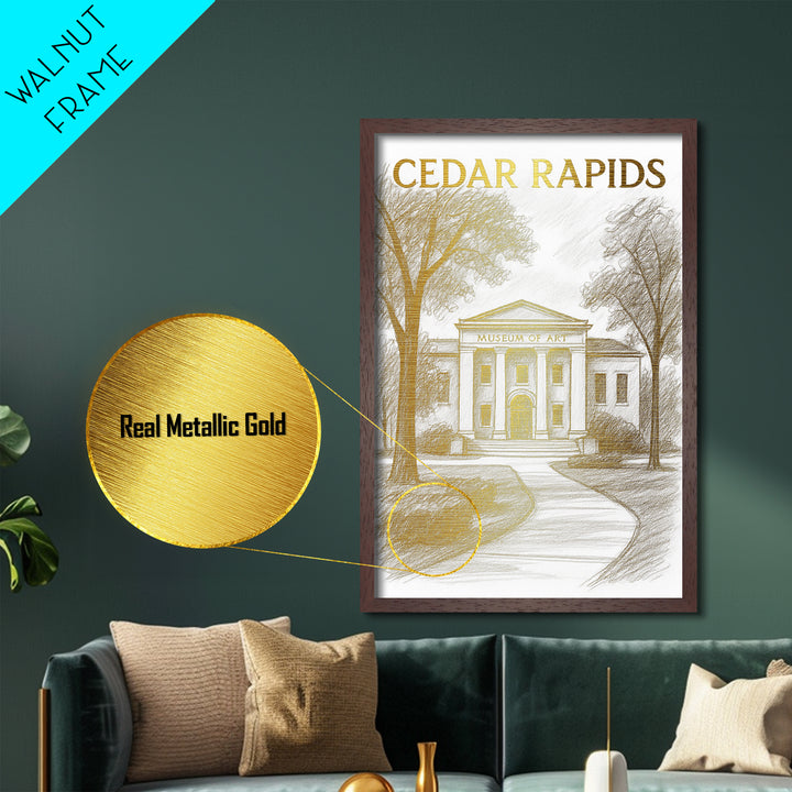 Cedar Rapids Iowa travel, Metallic Gold Print, Modern House Art, Metal Art, Wood Framed Art, Traveler Gift, Destination Gift