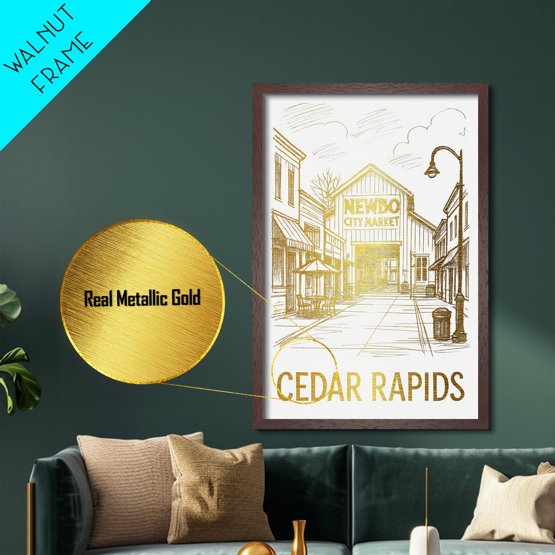 Cedar Rapids Iowa art, Metallic Gold Art, Modern House Art, Metal Art, Wood Framed Art, Graduation Travel Gift, Travel Gift