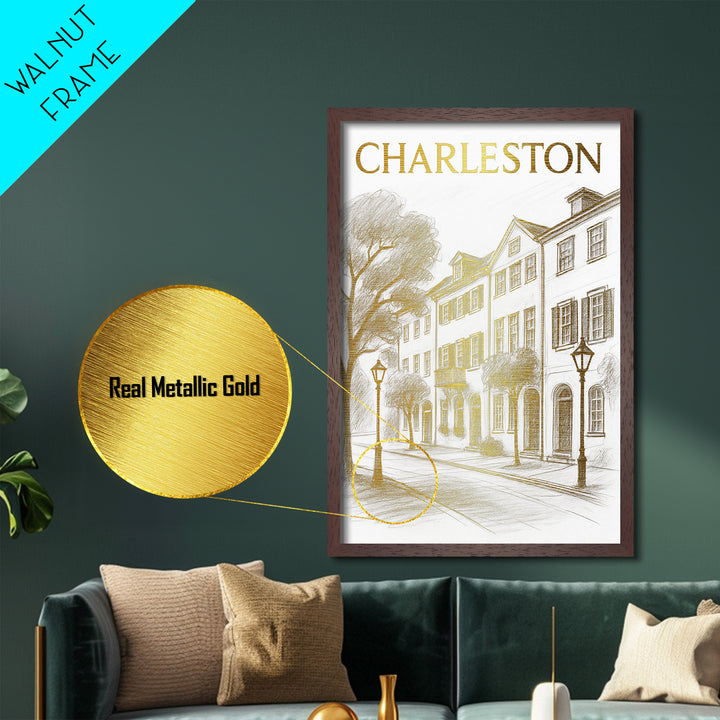 Charleston South Carolina travel, Metallic Gold Print, Closing Gift, Metal Art, Wood Framed Art, Anniversary Travel Gift, Traveler Gift