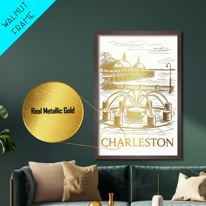 Charleston South Carolina art, Metallic Gold Art, Office Decor, Metal Art, Wood Framed Art, Graduation Travel Gift, Destination Gift