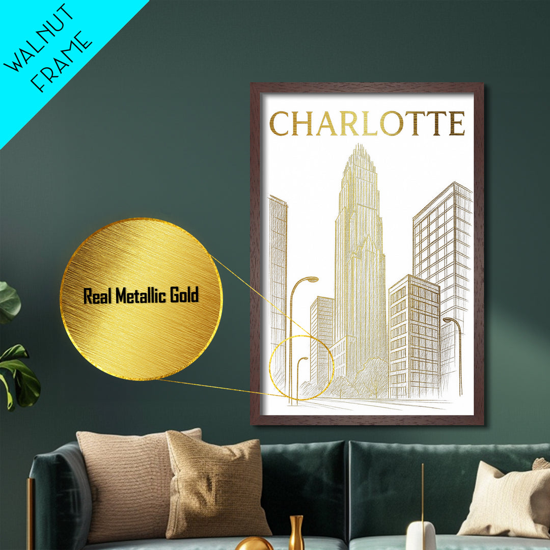 Charlotte North Carolina travel, Metallic Gold Print, Modern House Art, Metal Art, Wood Framed Art, Wanderlust Gift, Travel Art Prints