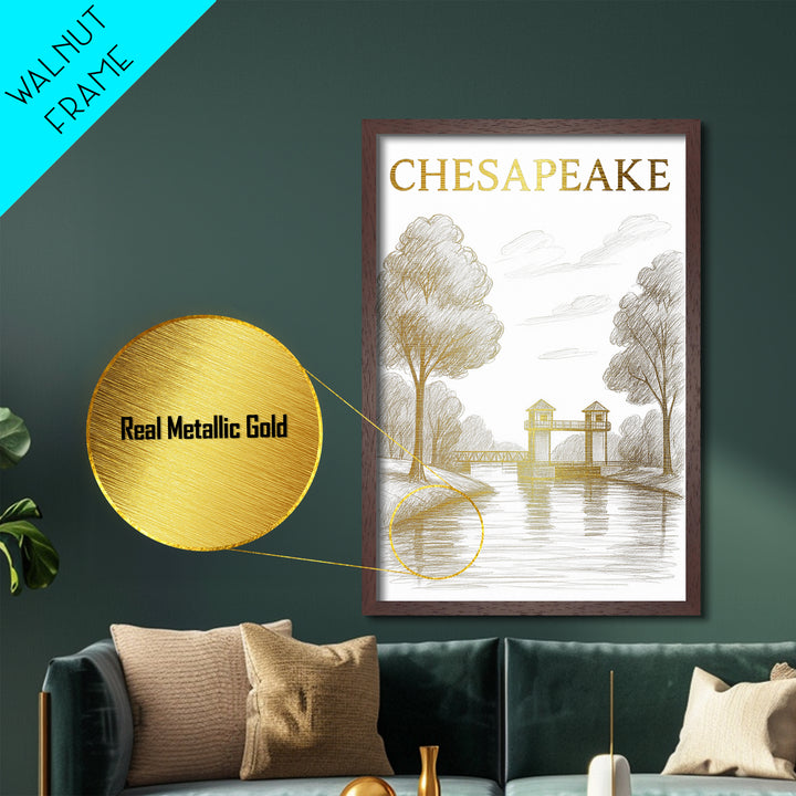 Chesapeake Virginia travel, Metallic Gold Print, College Dorm Décor, Metal Art, Wood Framed Art, Graduation Travel Gift, Traveler Gift
