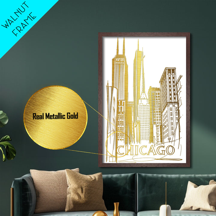 Chicago Illinois travel, Metallic Gold Print, Modern Skyline Wall Print, Metal Art, Wood Framed Art, Adventure Lover Gift, Travel Gift