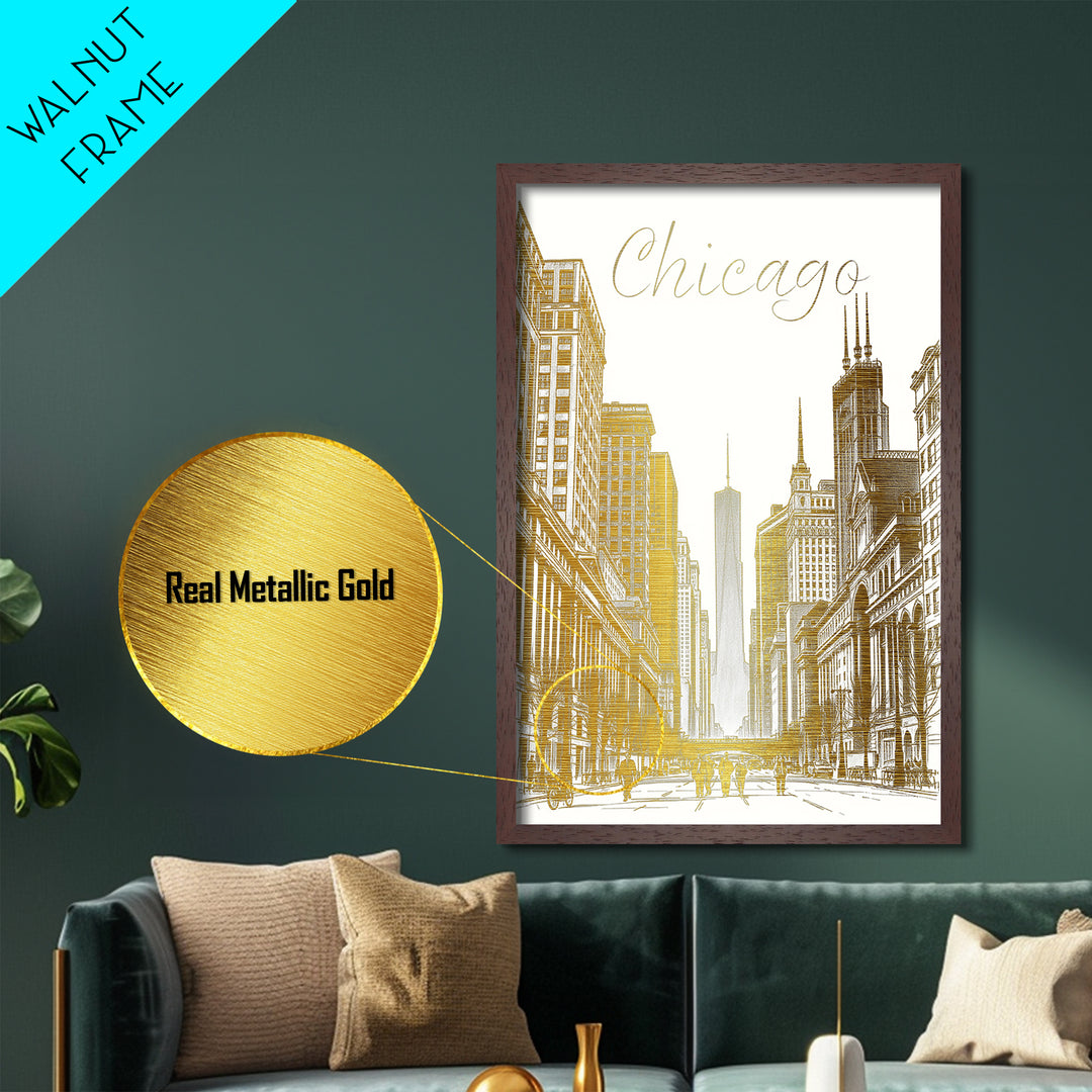 Chicago Illinois art, Metallic Gold Art, Housewarming Gift, Metal Art, Wood Framed Art, Newlywed Travel Gift, Honeymoon Gift