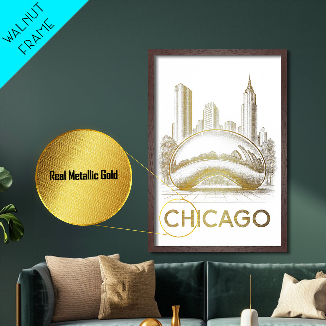 Chicago Illinois travel, Metallic Gold Print, Modern Skyline Wall Print, Metal Art, Wood Framed Art, Anniversary Travel Gift, Traveler Gift