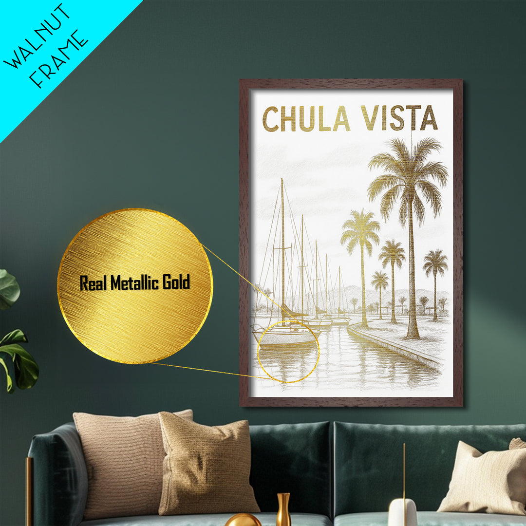 Chula Vista California travel, Metallic Gold Print, Closing Gift, Metal Art, Wood Framed Art, Anniversary Travel Gift, Retirement Travel Gift