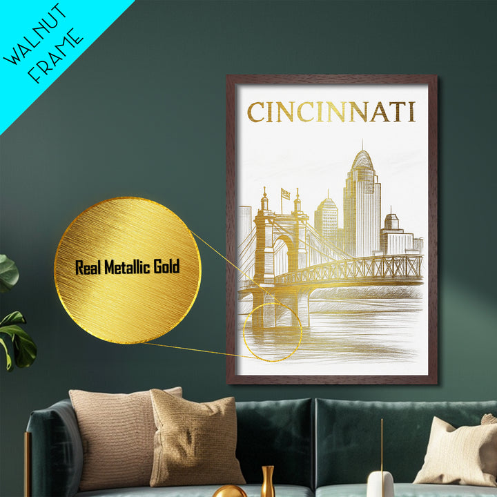 Cincinnati Ohio travel, Metallic Gold Print, Modern House Art, Metal Art, Wood Framed Art, Wanderlust Gift, Travel Art Prints