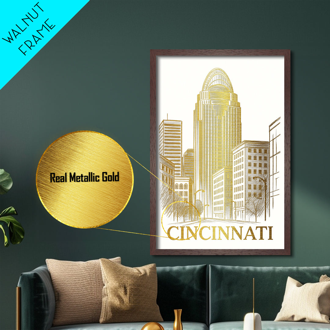 Cincinnati Ohio art, Metallic Gold Art, Travel Art Prints, Metal Art, Wood Framed Art, Adventure Lover Gift, Traveler Gift