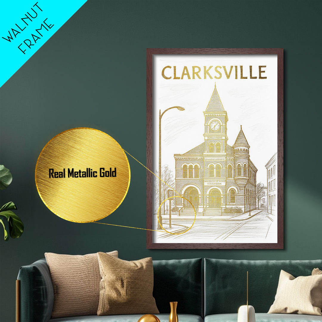 Clarksville Tennessee travel, Metallic Gold Print, Modern House Art, Metal Art, Wood Framed Art, Traveler Gift, Destination Gift