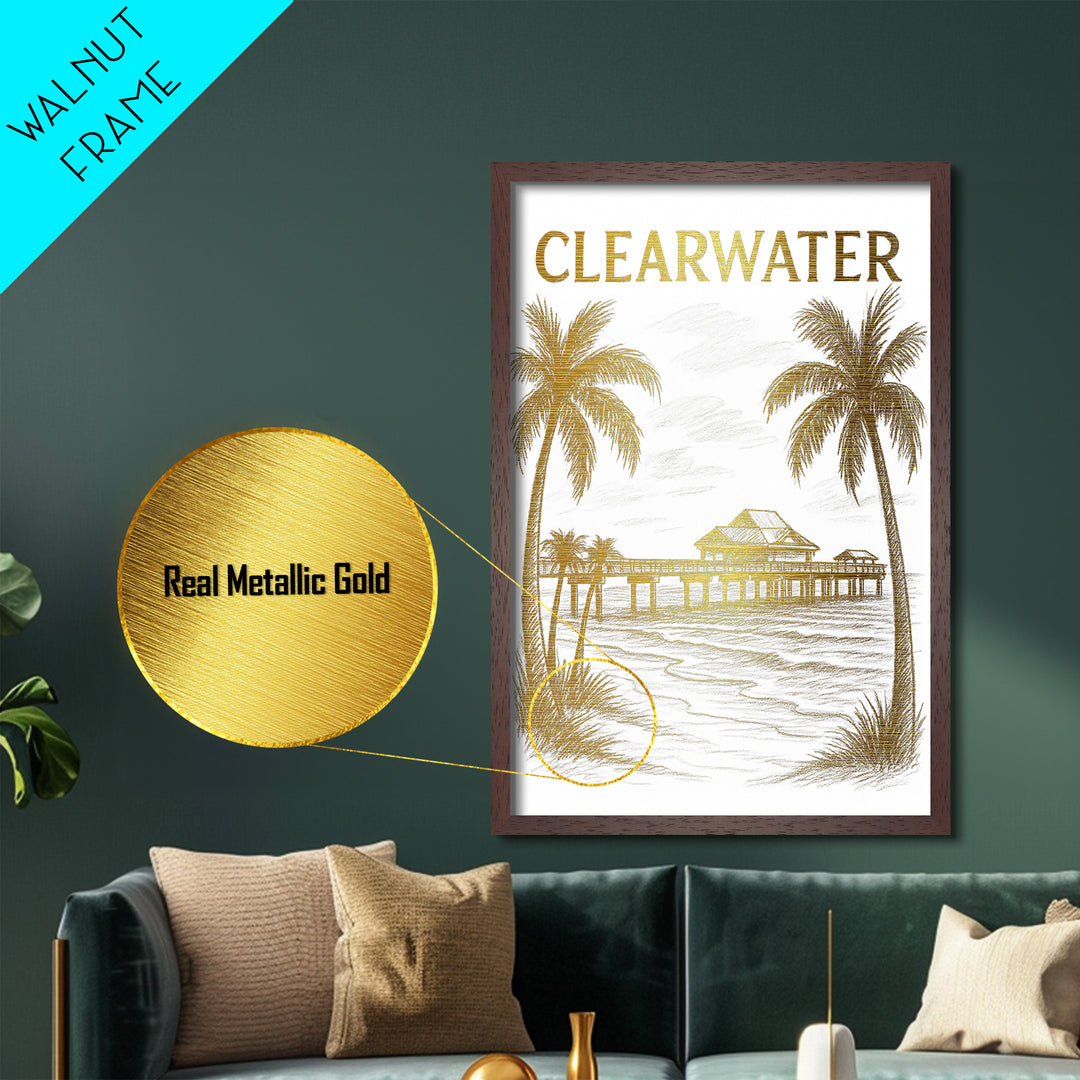 Clearwater Florida travel, Metallic Gold Print, College Dorm Décor, Metal Art, Wood Framed Art, Graduation Travel Gift, Traveler Gift