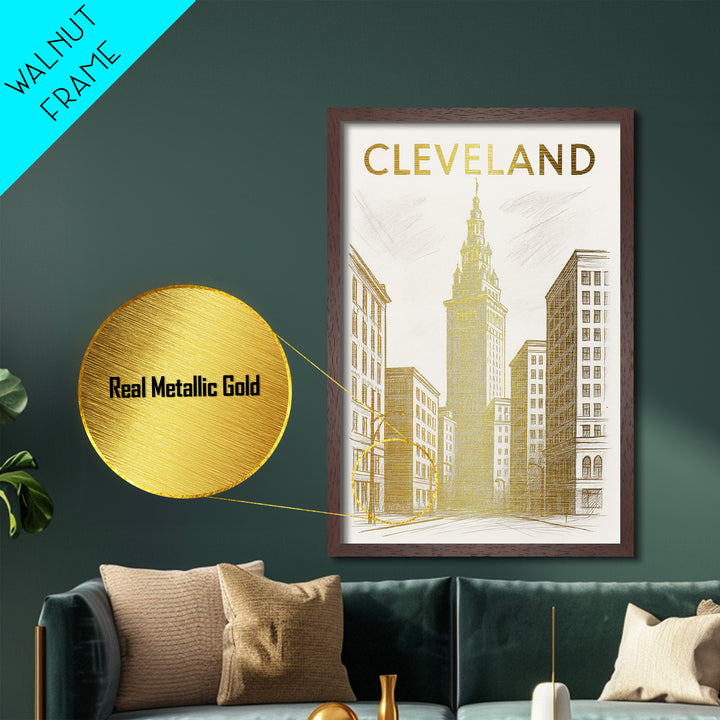 Cleveland Ohio travel, Metallic Gold Print, Modern Skyline Wall Print, Metal Art, Wood Framed Art, Adventure Lover Gift, Travel Gift