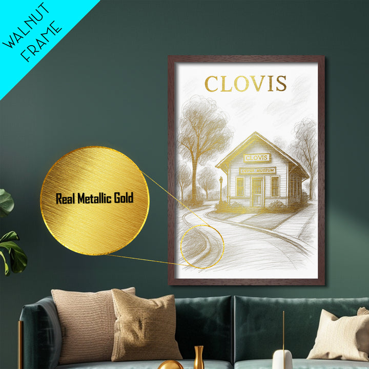 Clovis California travel, Metallic Gold Print, Modern House Art, Metal Art, Wood Framed Art, Traveler Gift, Destination Gift