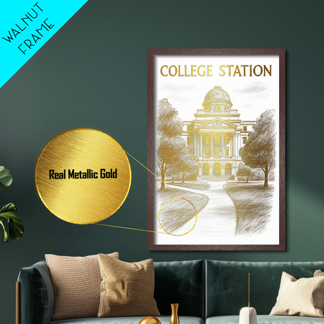 College Station Texas travel, Metallic Gold Print, College Dorm Décor, Metal Art, Wood Framed Art, Graduation Travel Gift, Traveler Gift