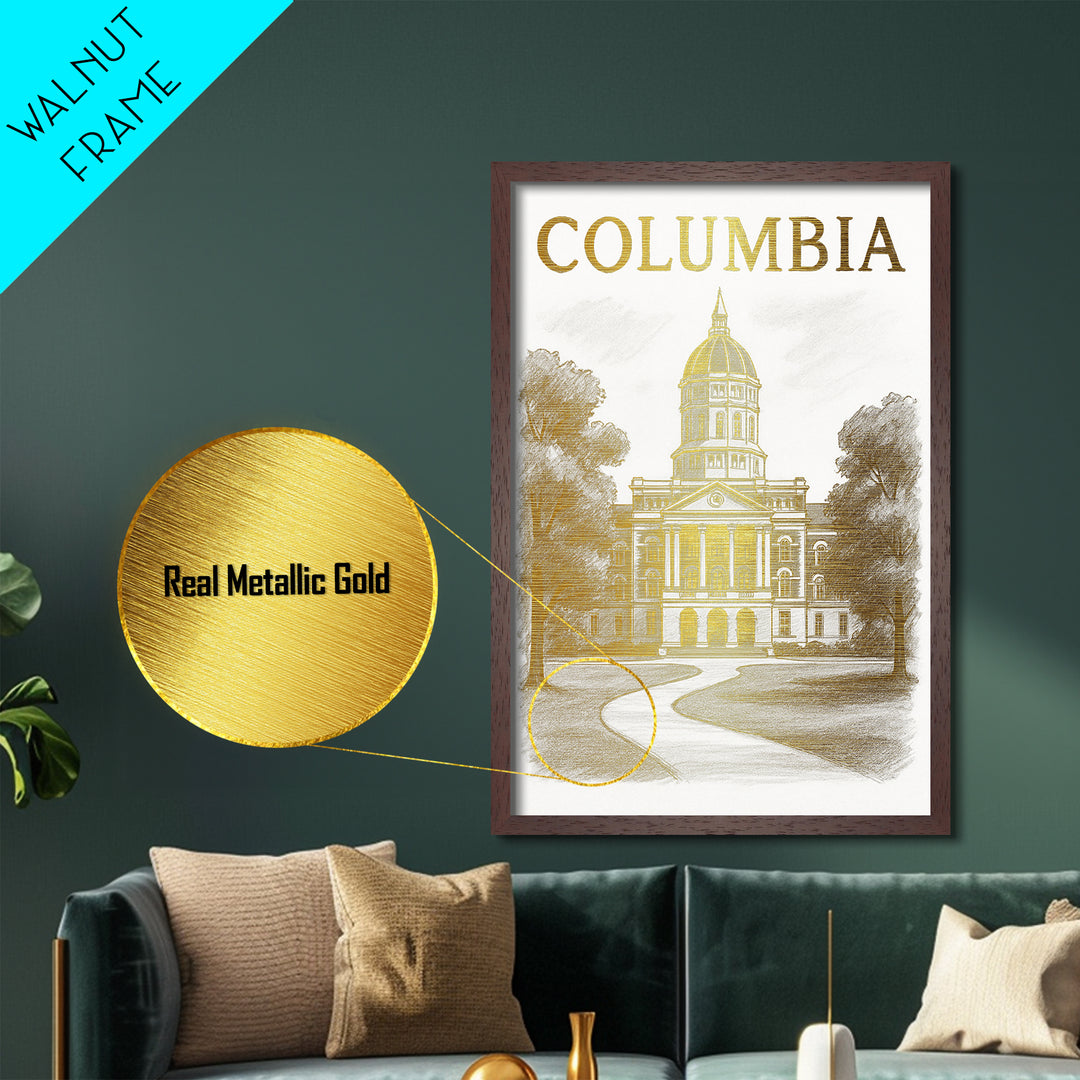 Columbia Missouri art, Metallic Gold Art, Modern House Art, Metal Art, Wood Framed Art, Graduation Travel Gift, Travel Gift