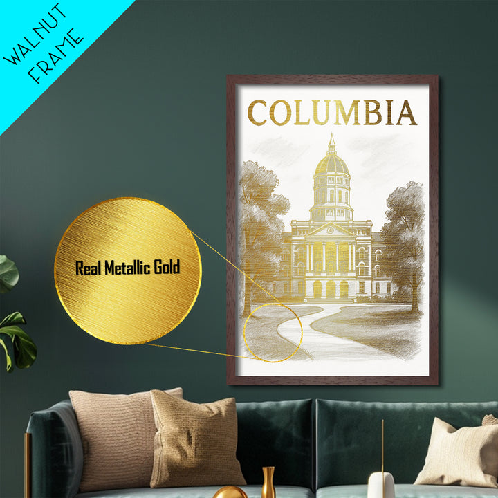 Columbia Missouri art, Metallic Gold Art, Modern House Art, Metal Art, Wood Framed Art, Graduation Travel Gift, Travel Gift